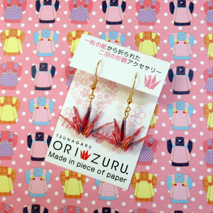 TSUNAGARUORIZURU ハンドメイドアクセサリー折鶴ピアス【妹背山・ピンク着物】(妹背山 連鶴 折鶴 結婚式 アクセサリー 手作り ピアス TSUNAGARU ORIZURU 和雑貨 和小物 着物 浴衣 )