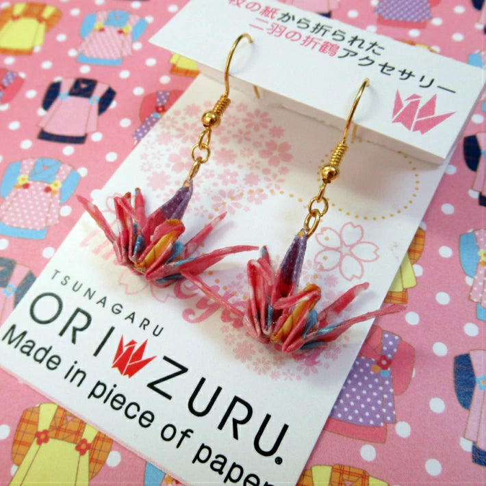 TSUNAGARUORIZURU ハンドメイドアクセサリー折鶴ピアス【妹背山・ピンク着物】(妹背山 連鶴 折鶴 結婚式 アクセサリー 手作り ピアス TSUNAGARU ORIZURU 和雑貨 和小物 着物 浴衣 )